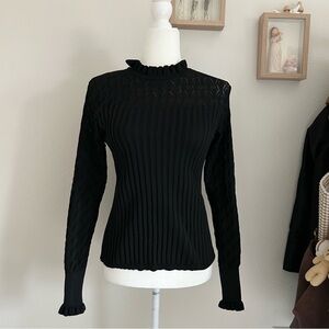AQE Fashion Ruffle Mock Neck Top in Black Women’s Size XL Ribbed Knitted Fitted